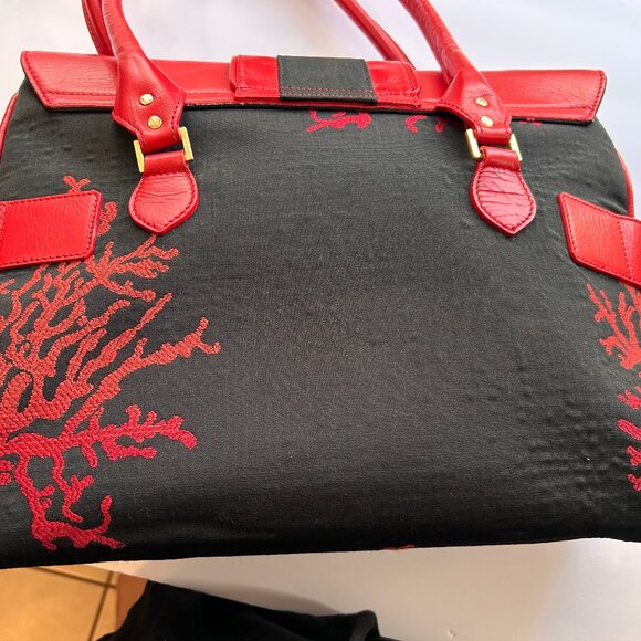 Le Duchesse Made-in-Italy Red Leather & Black Jacquard Tapestry Satchel. - Picture 6 of 14